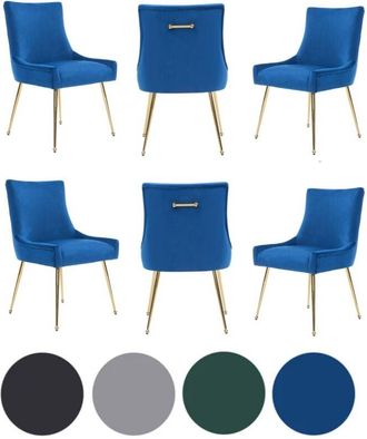 Life Interiors Set of 6 Blue Viviana Velvet Dining Chairs with Gold Legs and Ring Handle - Modern Upholstered Accent Chair