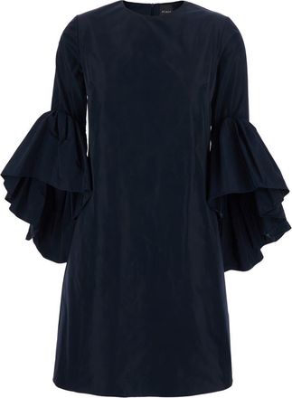 Plaîn Blue Crewneck Dress With Draped Flared Sleeves In Silk Blend Woman
