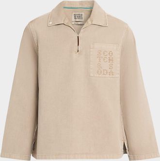 Scotch & Soda Mens Washed Twill Half-Zip Overshirt with Logo Pocket