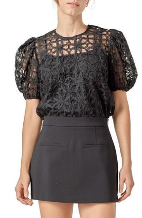 English Factory Floral Texture Puff Sleeve Top in Black at Nordstrom, Size X-Small