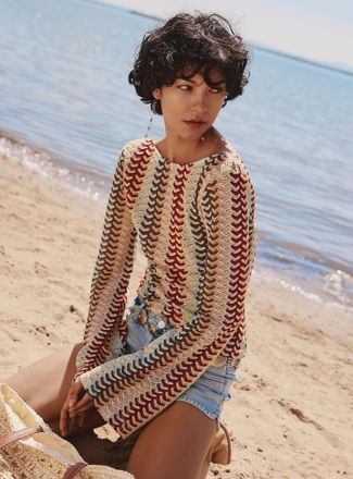 Twik Womens Arrow-stripe crochet sweater