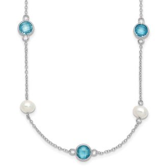 Diamond2Deal Sterling Silver Blue Pineapple-cut Cubic Zirconia & Cultured Pearl 9 Station Necklace 18