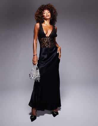 Asos Vestito lungo nero in misto raso e pizzo a contrasto