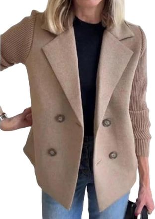 Generic Womens Lapel Button Knitted Patchwork Sleeve Casual Coat, 2025 Fashion Cropped Double Breasted Blazer Sweater for Women (H,XXL)
