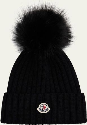 Moncler Ribbed Beanie with Faux Fur Pom