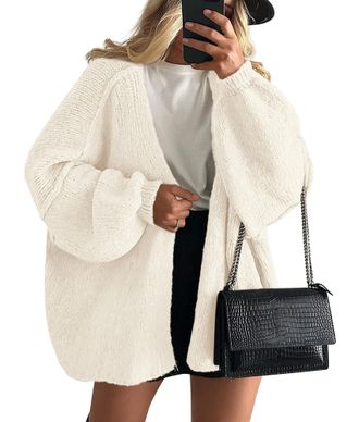 PrettyGarden Womens Oversized Cardigan Sweaters 2024 Fall Long Lantern Sleeve Knit Open Front Lightweight Sweater, White, Small