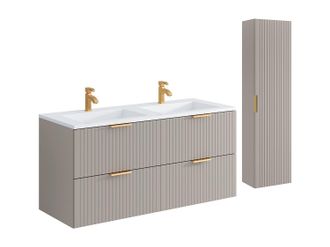 Vente-Unique Mueble de ba&ntilde;o suspendido estriado con lavabo encastrado y columna - Color beige - 120 cm - ZEVARA