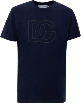 Dolce & Gabbana Blauw Katoen Logo Print T-Shirt - Heren - T-shirts - Blauw - 2XL - Katoen - Tops