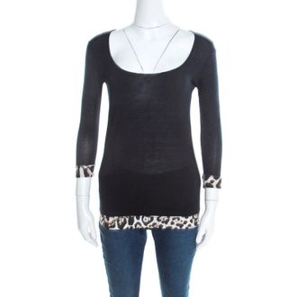 Just Cavalli Black Jersey Animal Printed Trim Scoop Neck T-Shirt