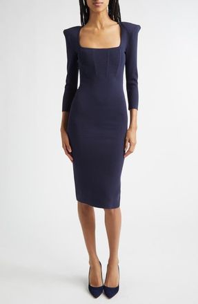 L'agence Mary Padded Shoulder Corset Knit Midi Dress in Midnight/Gold at Nordstrom, Size Xx-Small