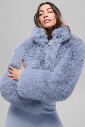 Alo | Opulent Faux Fur Cropped Jacket in Winter Frost Blue, Size: Medium