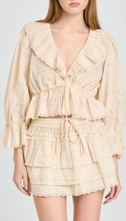 Wayf Sophia Eyelet Lace Trim Babydoll Crop Top in Beige at Nordstrom, Size X-Large
