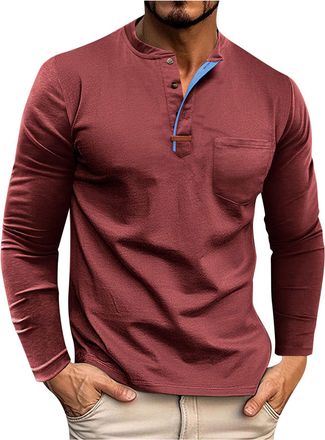 Generic Men Long Sleeve Tops Solid Round Neck T-Shirts with Buttons and Breathability Mens Classic Fit Clothes Shirt for Everyday Urban Work Commuting Travel