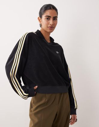 adidas Originals Polo a maniche lunghe in spugna nera con scollo a V-Nero