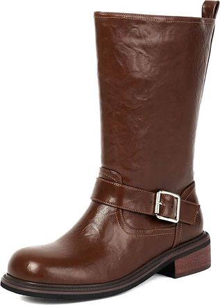 Generic Womens Low Block Heel Western Cowboy Boots Pull on Mid-Calf Boots with Pull-Tab Round Toe PU Leather Casual Boot,Brown,2.5 UK