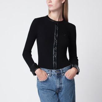Courr&egrave;ges Cardigan a coste con dettagli in vinile nero
