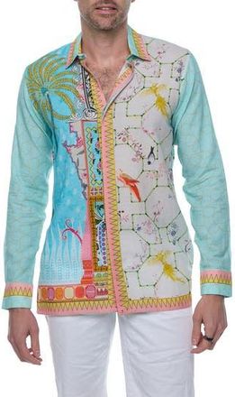 Ranee&rsquo;s Extra Trim Fit Print Linen & Cotton Button-Up Resort Shirt in Green at Nordstrom Rack, Size Xx-Large