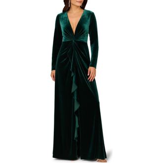 Adrianna Papell Twisted Ruffle Long Sleeve Stretch Velvet Gown in Spruce at Nordstrom, Size 14