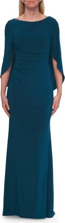 La Femme Draped Cape Sleeve Jersey Gown with Ruched Bodice in Teal at Nordstrom, Size 16