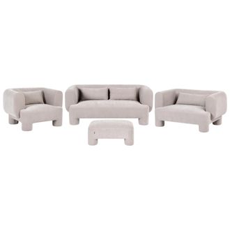 Beliani Conjunto De Sala De Estar Otomana Sof&aacute; Sill&oacute;n Tapizado De Tela Con Textura Aterciopelada Patas Cil&iacute;ndricas Estilo Org&aacute;nico Beige Oscuro Hogbo