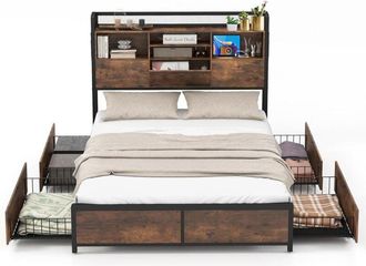 Costway Cama Doble con Cajones 140 x 200 cm, Estructura Cama de Metal con Estación de Carga, Cama Matrimonio No Requiere Somier, Marrón Vintage - Costway