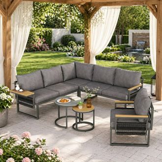 Merax Grey 6 Seater Garden Corner Furniture Sofa Set with Nesting Tables