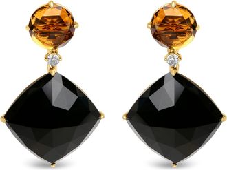 House of Brilliance 18K Yellow Gold 1/5 Cttw Diamond with Round Yellow Citrine and Cushion Cut Black Onyx Gemstone Dangle Earring