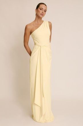 Six Stories One Shoulder Drape Stretch Bridesmaid in Lemon at Nordstrom, Size 14