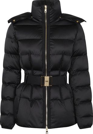 Elisabetta Franchi Black Padded Belted Hooded Polyester Jacket