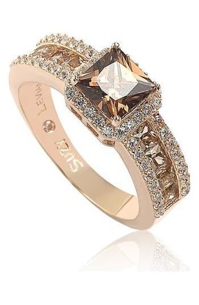 Suzy Levian 14K Rose Gold Plated Sterling Silver White CZ Halo & Brown Princess-Cut CZ Bridal Ring at Nordstrom Rack, Size 5.5