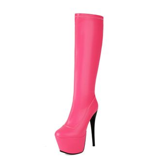 Generic Womens Sexy High Heel Platform Long Boots Round Toe Knee High Boots PU Leather Party Prom Shoes with Side Zipper,Fuchsia,4.5 UK