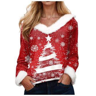 Generic Womens Christmas Sweatshirt 2025 V Neck Pullover Tops T-Shirts with Soft Long Sleeve Cozy Holiday Sweater Feature Classic Christmas Tree and Snowflake