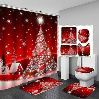 OEM Juego De 4 Cortinas De Ducha Navide&ntilde;as Con Alfombrilla De Ba&ntilde;o, Tapete Y Alfombrilla Para Inodoro Para El Ba&ntilde;o, Cortina De Ducha Navide&ntilde;a Roja Imperme