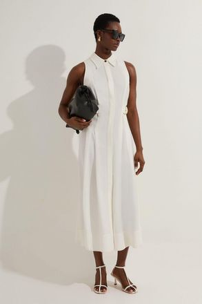Karen Millen Womens Premium Viscose Linen Topstitch Halter Neck Woven Midi Dress With D Ring Detail - White - Size 12 UK