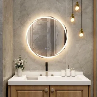 Costway Specchio da Parete 60 x 60cm, Specchio da Bagno Rotondo con Luci Led a 3 Colori, Interruttore a Sfioramento Anti-Appannamento, Funzione di