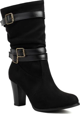 Generic Womens Pull on Slouchy Short Boots Round Toe PU Leather Mid-Calf Boots Chunky High Heel Booties with Buckle,Black2,7.5 UK