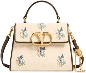 Valentino Garavani Small VSling Embroidered Linen Top Handle Bag in Beige Multi at Nordstrom