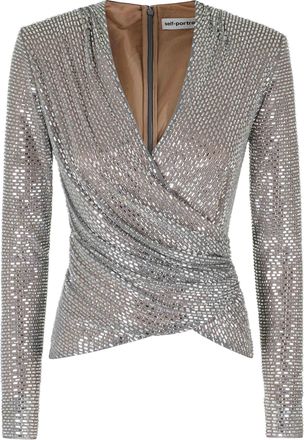 Self Portrait Gray Rhinestone Mesh V-Neck Wrap Top