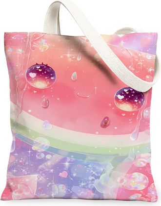 Generic Cute Rainbow Canvas Tote Bags, Watermelon Design Reusable Grocery Bags, Summer Playful Lightweight Washable Shoulder Strap, Peach, 13x15 Inch