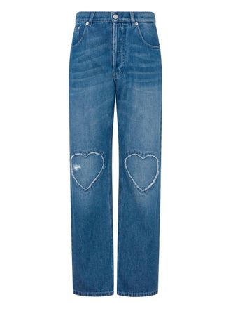 Moschino Straight-Leg Denim Trousers With Frayed Heart Patches