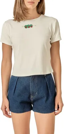 English Factory Beaded Olive Baby T-Shirt in White at Nordstrom, Size Small
