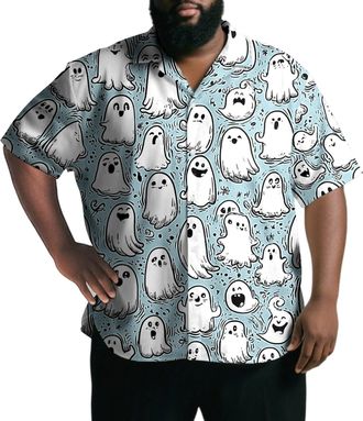 Generic Halloween Button up Shirts for Men | Cute Ghost Oversized Button Down Shirt Short Sleeve - Basic Fashion Top 8XL Line Ghost