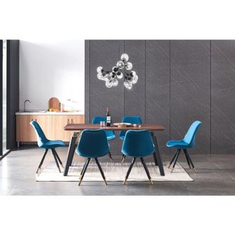 Life Interiors Life Interiors - Cosmo lux Sofia Dining Set - a Walnut Wooden Dining Table and Set of 6 Light Grey Velvet Dining Chairs - Dining Room Kitchen