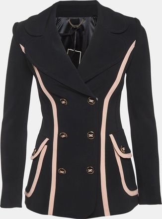 Elisabetta Franchi Black Crepe Contrast Detail Double Breasted Blazer