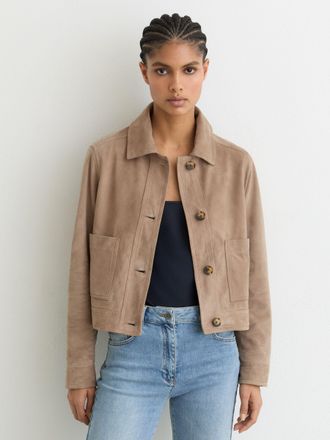 Reiss Neutral Suede Cropped Trucker Jacket, 12