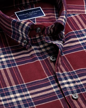 CHARLES TYRWHITT Brushed Flannel Check Cotton Shirt - Burgundy Size Large by Charles Tyrwhitt