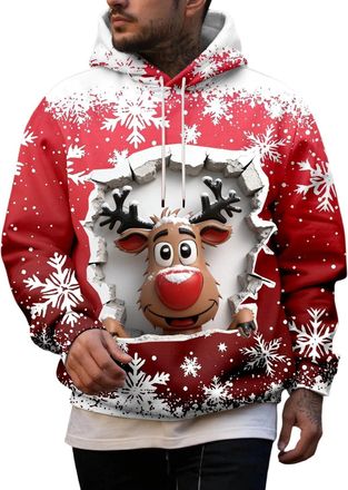 Generic Mens Christmas Hoodies Reindeer Print Hooded Sweatshirts 2025 Funny Xmas Shirts with Pocket Long Sleeve Pullover Tops(Red, XXXL)