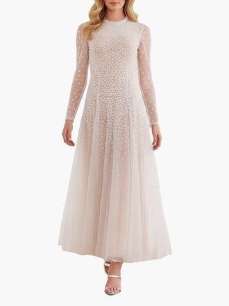 Needle & Thread Sequin Cascade Round Neck Gown in Cream/butterscotch at Nordstrom, Size 14