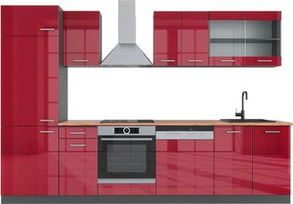 Vicco Cucina Componibile R-line, Bordeaux Lucido/antracite, 300 Cm, Pl Rovere