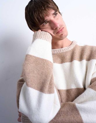 Topman Maglione girocollo regular fit a righe marroni e color pietra-Neutro